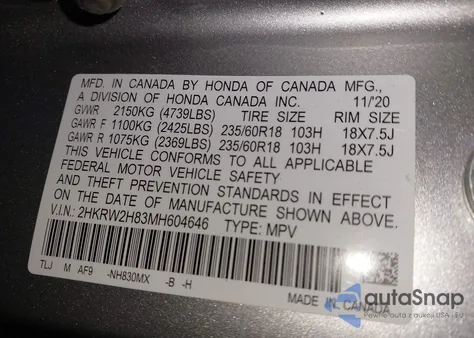 2021 Honda Cr-V Awd Ex-L z USA, uszkodzony, nr VIN 2HKRW2H83MH604646